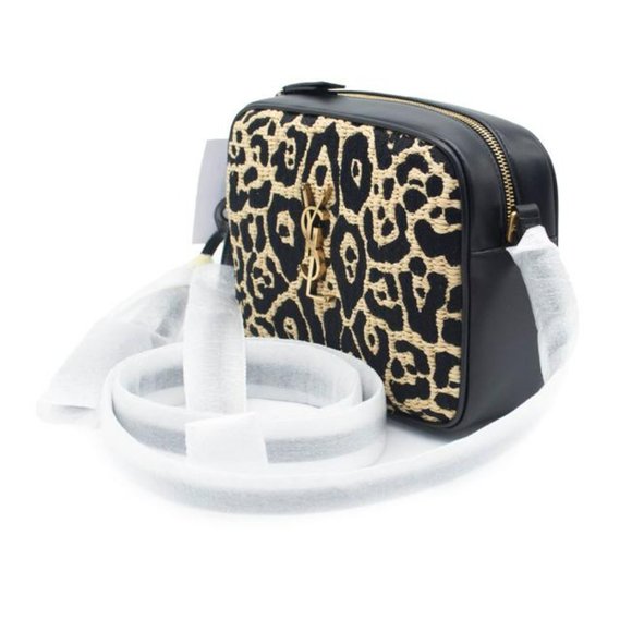 YSL Monogram Camera Lou Medium Jaguar Pattern Raffia Black Leather Shoulder Bag - Picture 4 of 12